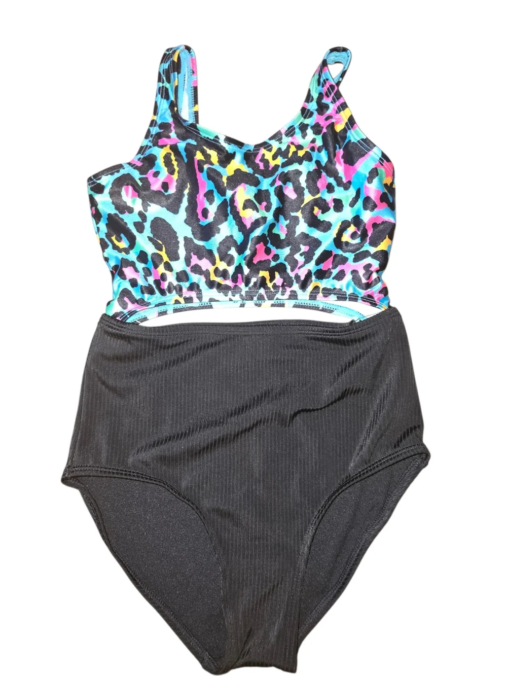 Girls' Black High-Waist One-Piece Swimsuit with Colorful Leopard Top